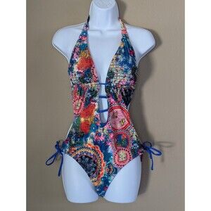 XL Backless Lace Up One Piece Swimsuit Funky Boho Bright Colorful